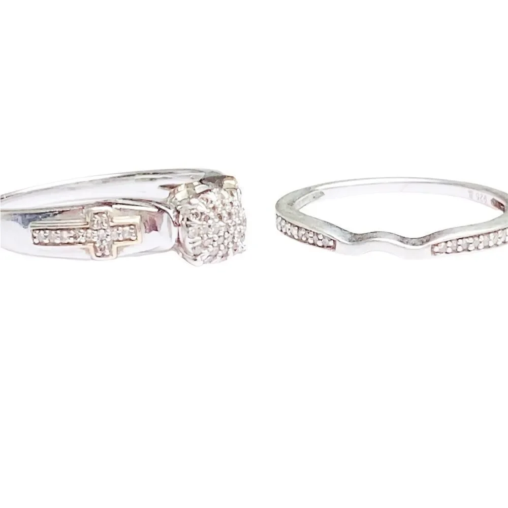 Bridal Set Wedding Engagement Cross Round Diamond Ring Sz 6.75